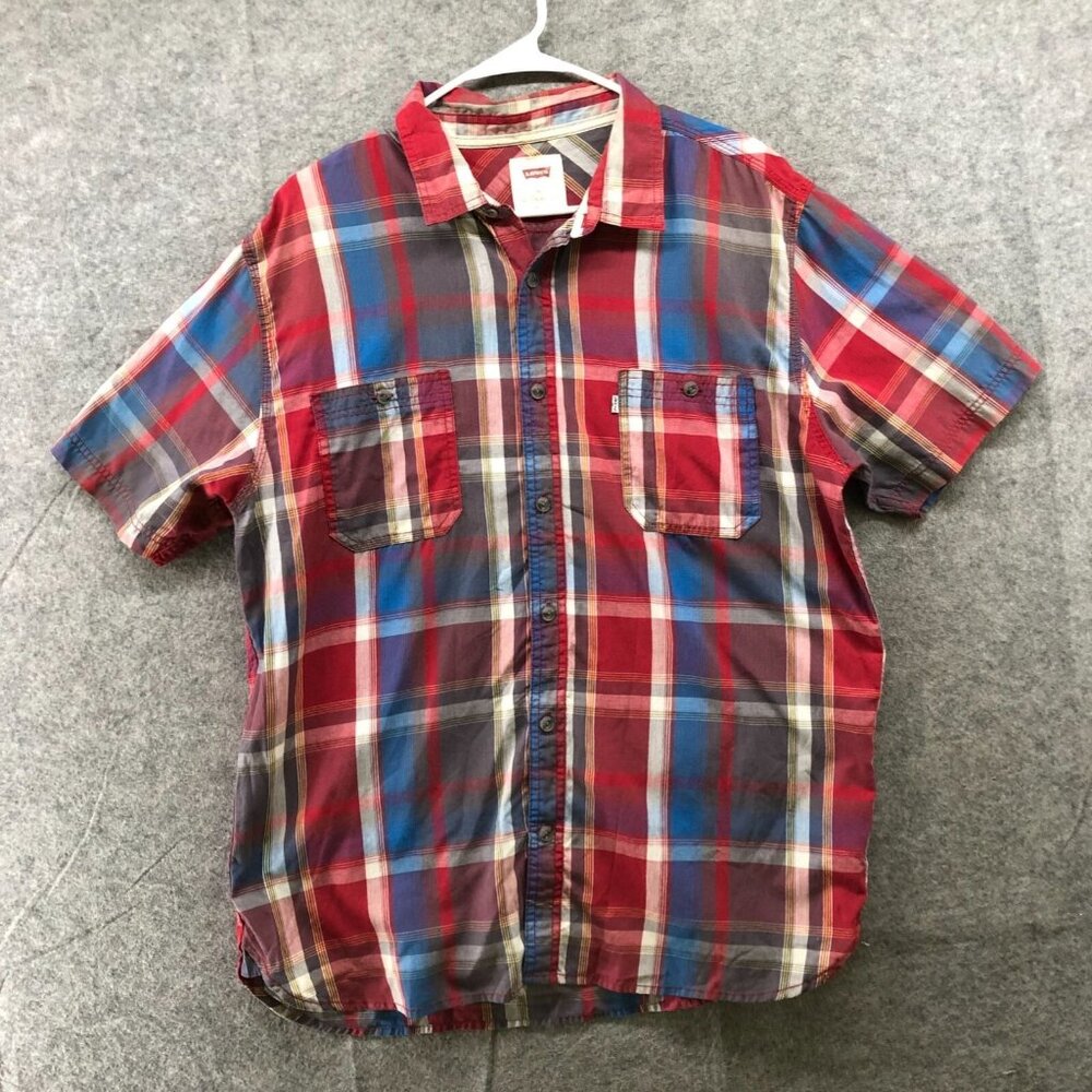 Levi's‎ Short Sleeve Shirt Mens XL Red Blue Plaid Button Up Cotton Blend Utility